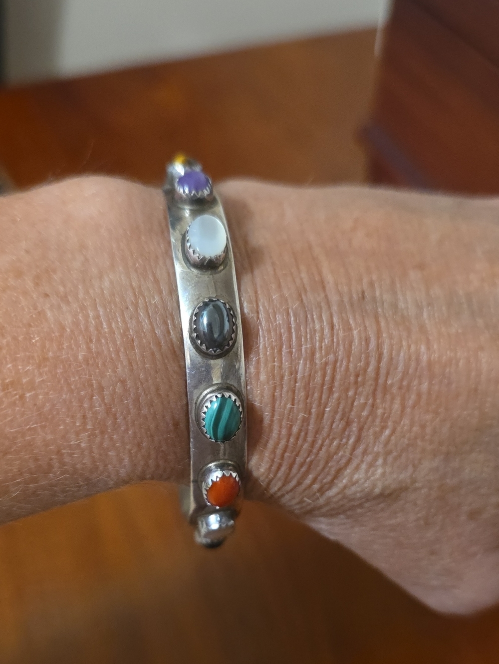 Sterling Silver Multi-Stone Cuff Bracelet in Green, Orange, Purple, White, Gray